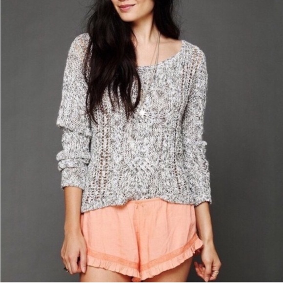 Free People Linen Wool Alpaca Blend Open Weave Marled Gray Pullover Sweater - Picture 5 of 12
